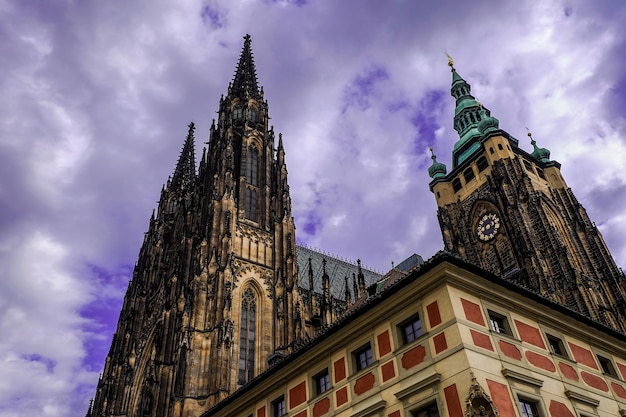 Low angle view of St Vitus Cathedral facade decoration