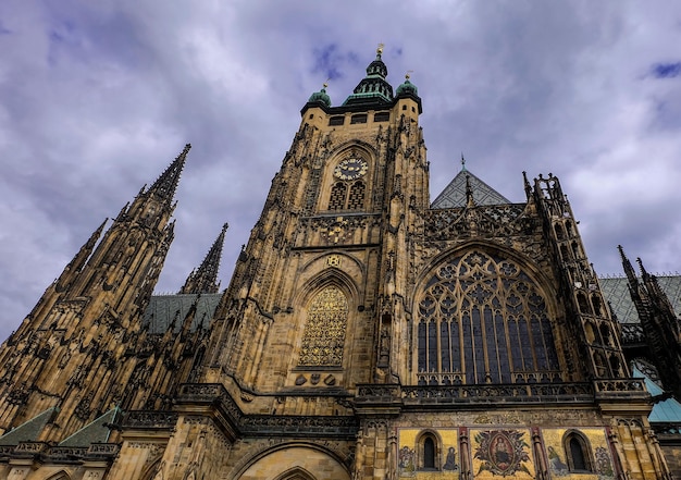 Low angle view of St Vitus Cathedral facade decoration