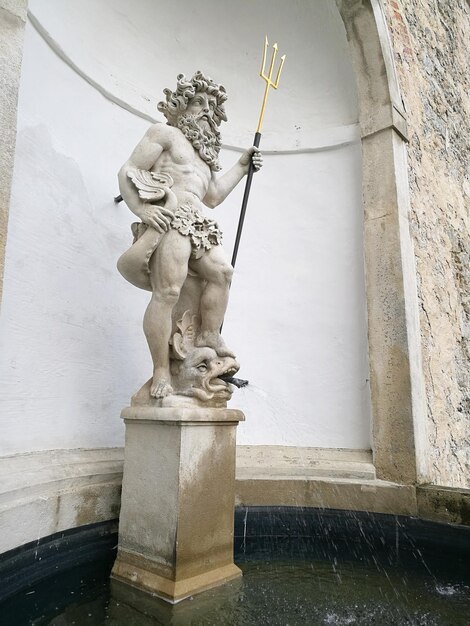 Foto vista a bassa angolazione della statua contro la fontana