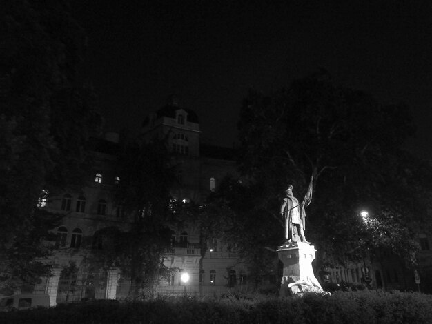 Foto vista a basso angolo della statua contro la città illuminata di notte