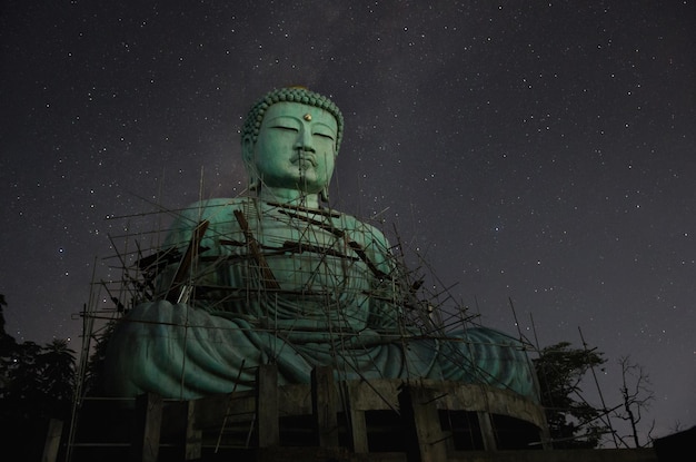 Vista a basso angolo della statua contro il cielo di notte