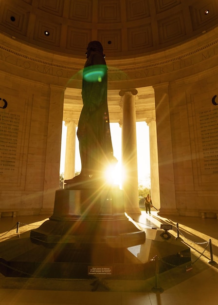 Low angle view of statue in lincoln memorial during sunrise