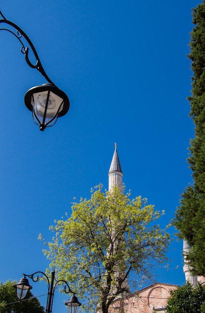 Low angle view of street light by building against clear blue sky