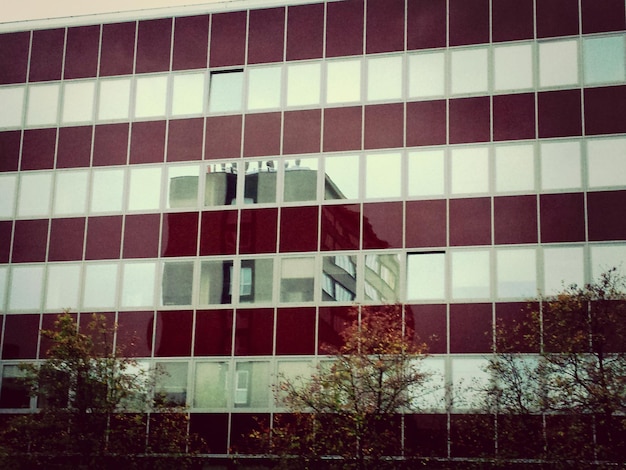 Foto vista a basso angolo di un edificio in vetro a strisce