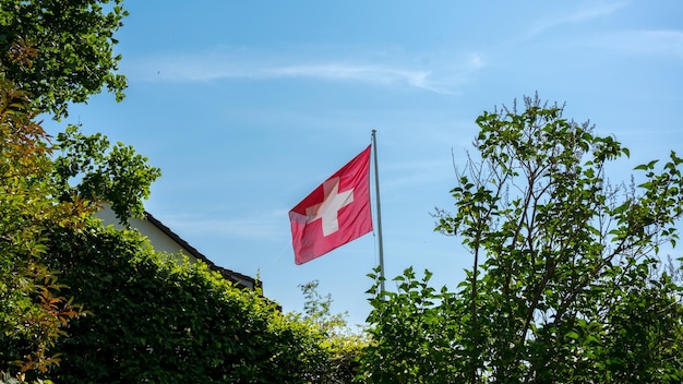スイス国旗が空に照らされた低角度の景色