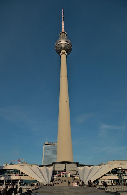 Low angle view of television tower fernsehturm against clear sky