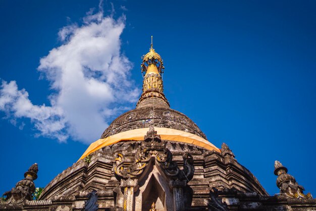 Low angle view of temple building against blue sky