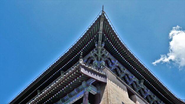 Low angle view of temple building against blue sky