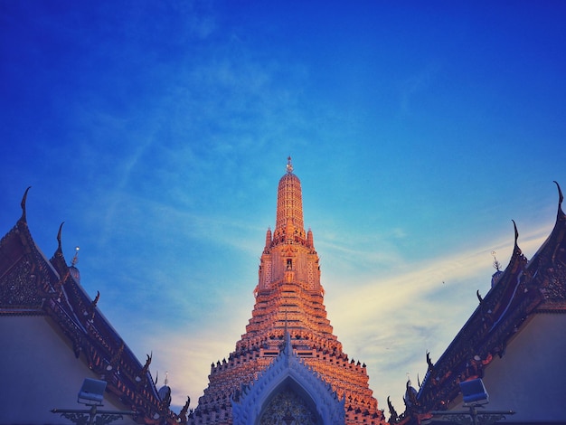 Low angle view of temple building against blue sky