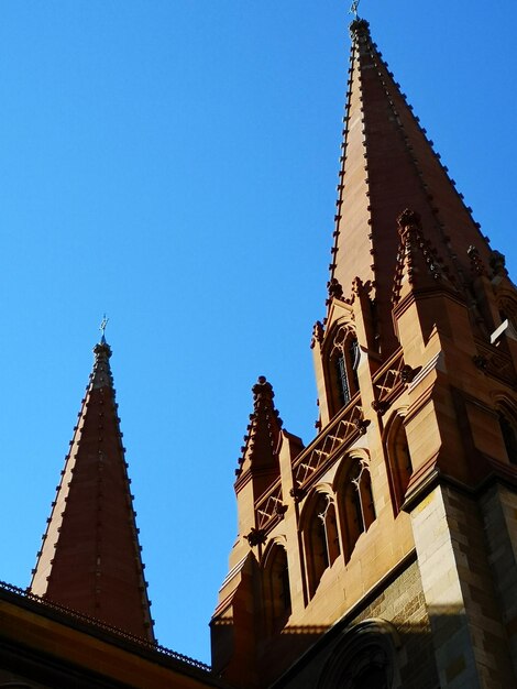 Low angle view of temple building against clear blue sky