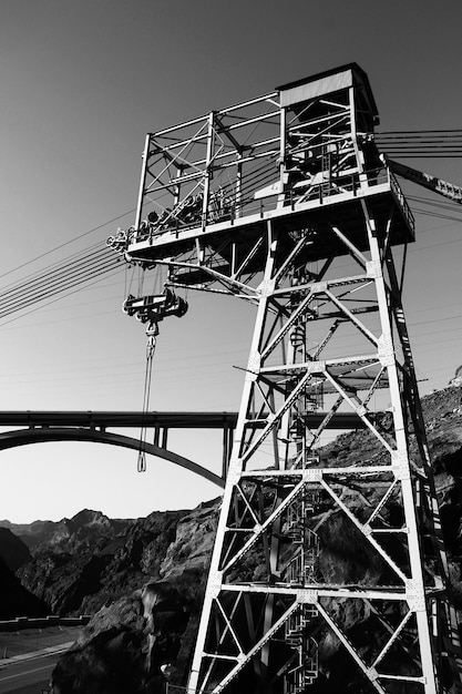 Low angle view of tower at hoover dam against clear sky