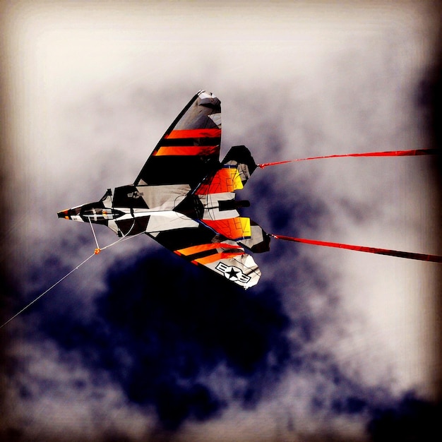 Foto vista a bassa angolazione di un aereo giocattolo che vola contro un cielo nuvoloso