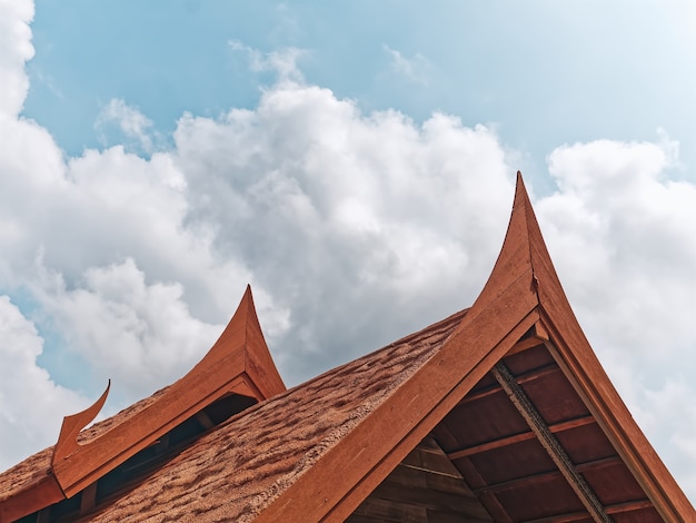 Low Angle View of Traditional Thai Roof of Wooden Pavilion