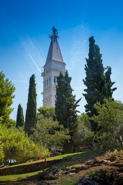 Low angle view of trees and buildings against sky