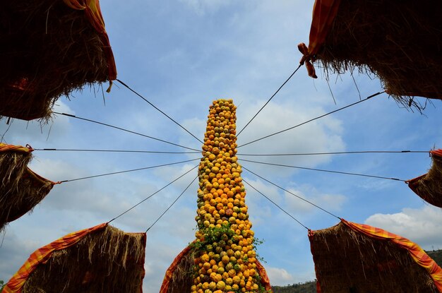 Photo low angle view of umbrellas hanging against sky