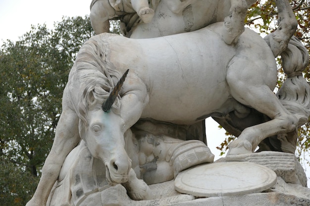 Foto vista a bassa angolazione di una statua di unicorno contro gli alberi