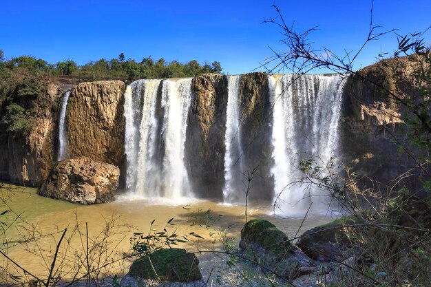 Low angle view of waterfall against clear sky