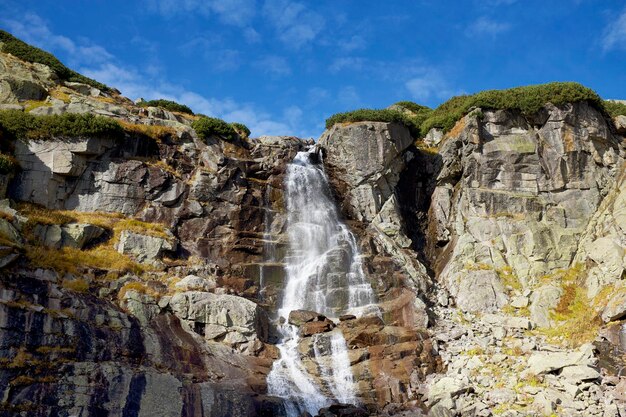 Low angle view of waterfall on rocks