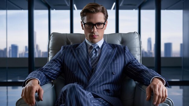 Low angle view of well dressed businessman sitting on a chair in the office and looking at the came