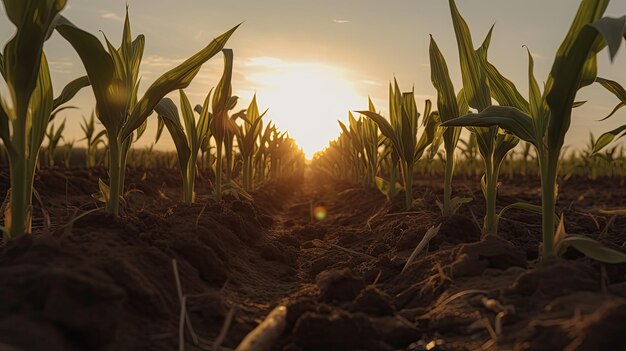 Low angle view of young corn plants in a field at sunrise