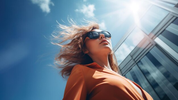 Low angle view of young fashionable woman in a city