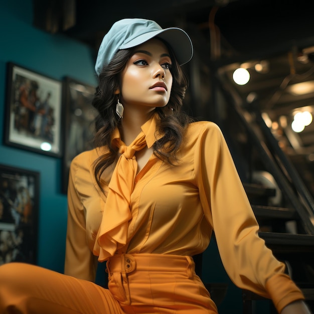 Low angle woman posing in studio