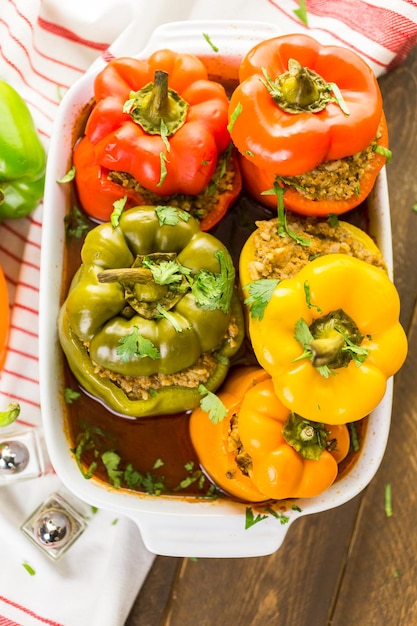 Photo low calorie chipotle beef & bean stuffed chili peppers.