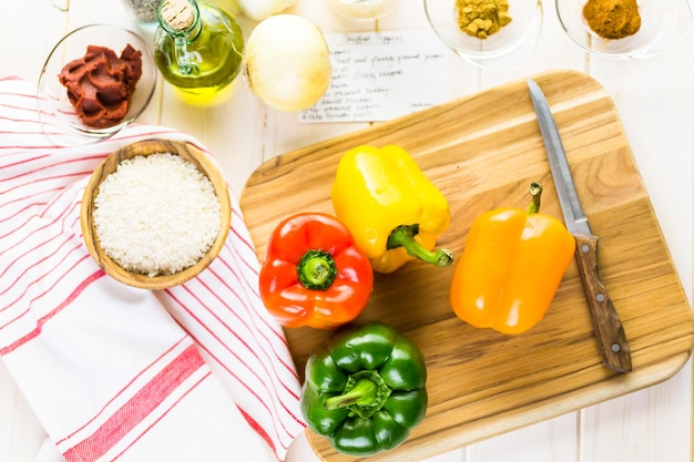 Low calorie stuffed peppers with ground turkey and white rice.