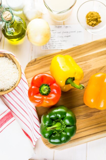 Low calorie stuffed peppers with ground turkey and white rice.