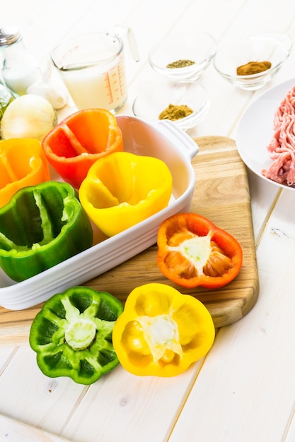 Low calorie stuffed peppers with ground turkey and white rice.