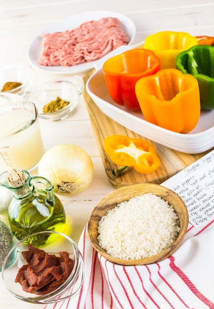 Low calorie stuffed peppers with ground turkey and white rice.