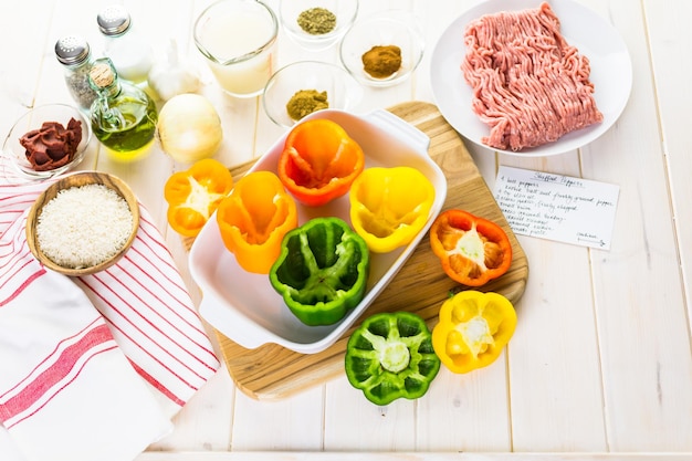 Low calorie stuffed peppers with ground turkey and white rice.