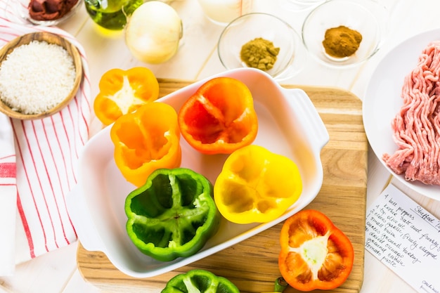 Low calorie stuffed peppers with ground turkey and white rice.