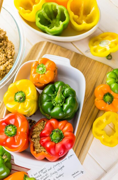 Low calorie stuffed peppers with ground turkey and white rice