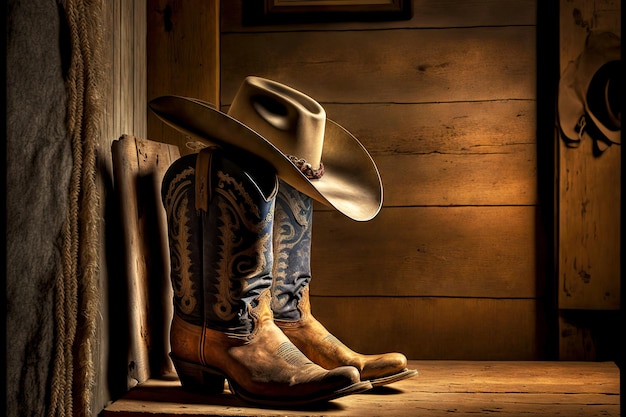 Photo low cowboy boots along with hat stand in barn