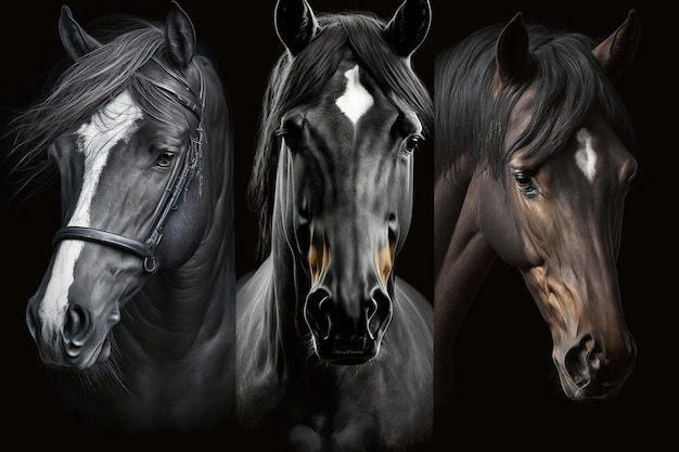 Low key close up black portraits of horses