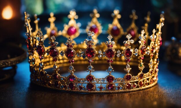 Photo low key image of beautiful queenking crown vintage filtered fantasy medieval period selective focus ai generative