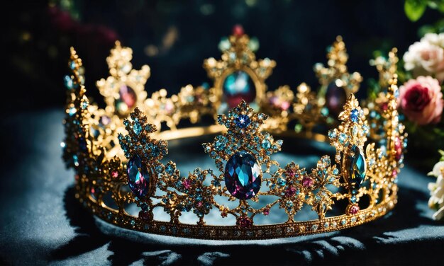 low key image of beautiful queenking crown vintage filtered fantasy medieval period selective focus ai generative