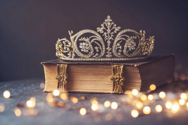 low key image of decorative crown on old book vintage filtered with flitter overlay selective focus