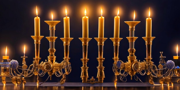 Foto immagine a chiave bassa dello sfondo della festa ebraica di hanukkah con candelabri tradizionali menorah e combustione