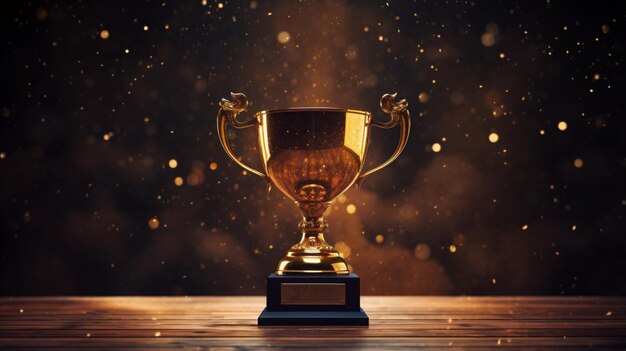 Low Key Image of Trophy over Wooden Table and Dark