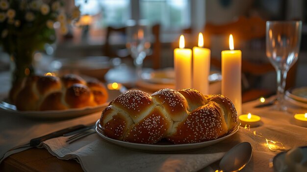 Low key shabbat image challah bread shabbat wine and candles on wooden table