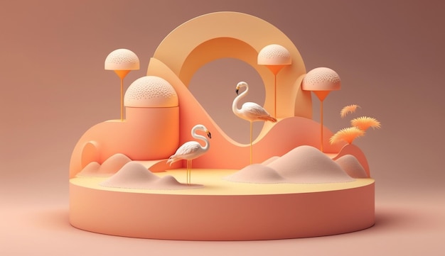 Low podium sand with backdrop made of Oranges and Flamingos background Mockup for product placement with Generative AI