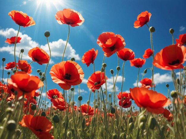 Low point of view of closeup red poppy flowers sun rays blue summer sky freedom nature landscape