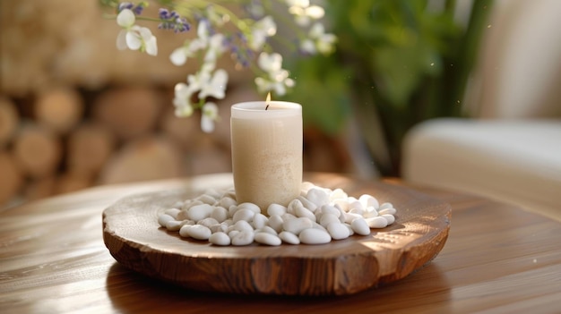 A low polished wooden table sits in the corner adorned with a delicate arrangement of white pebbles