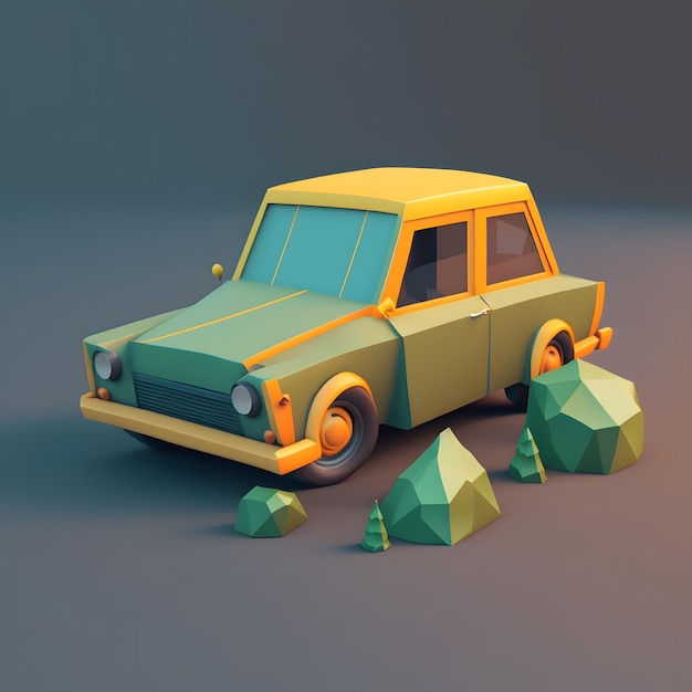 Photo low poly 3d car and rocks