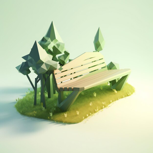 Low Poly 3D Design of green garden bench