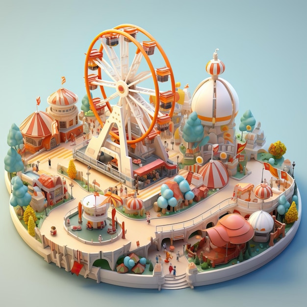 A low poly amusement park with rides and joyful visitors