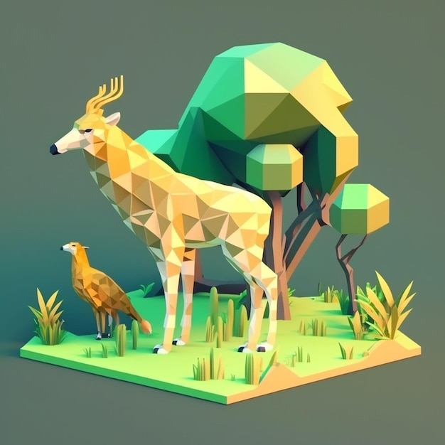 Foto un animale low poly con sopra un uccello.