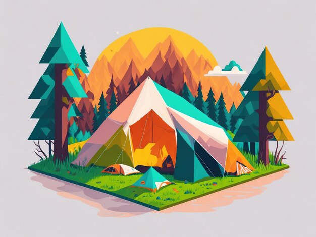 Low poly cartoonstyle tents camping in the national park